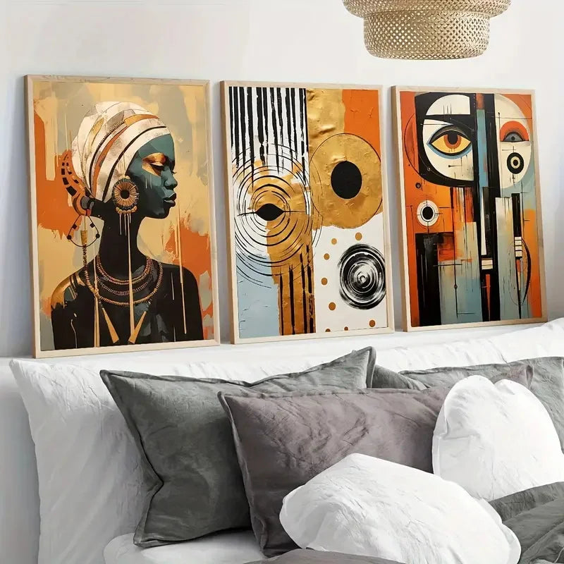 Decorbites™ african abstract wall art set features three framed pieces with bold geometric patterns in vibrant colors