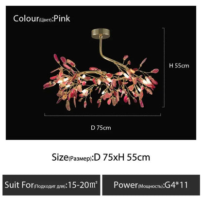 Delicate pink decorbites agate branch chandelier with gold metal frame and translucent glass leaves for dining room light