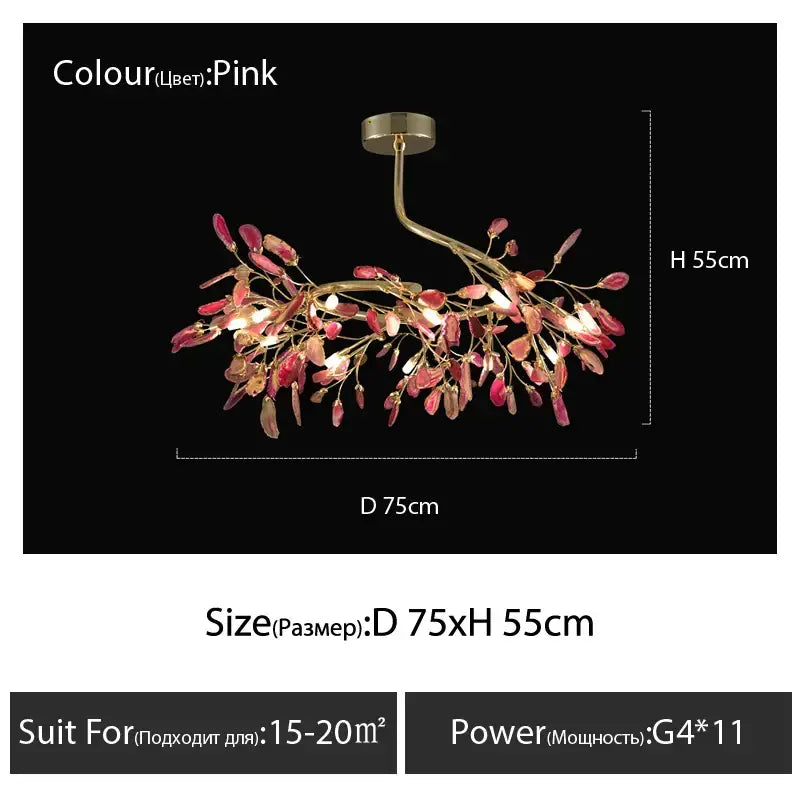Delicate pink decorbites agate branch chandelier with gold metal frame and translucent glass leaves for dining room light