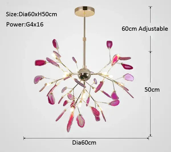 A modern decorbites agate branch chandelier with gold metal frame and pinkish-purple agate slices for dining room light