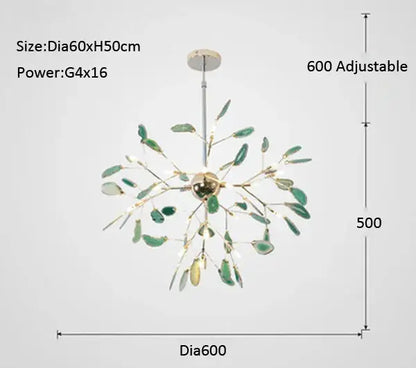 Modern decorbites agate branch chandelier with adjustable brass finish and green glass leaf shades for dining room lighting