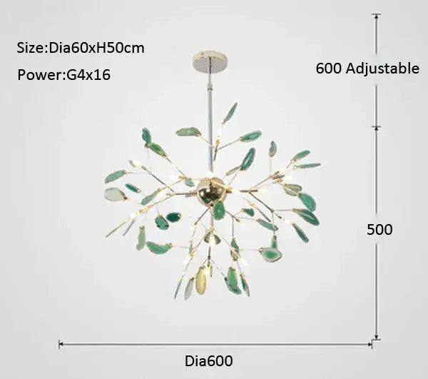 Modern decorbites agate branch chandelier with adjustable brass finish and green glass leaf shades for dining room lighting
