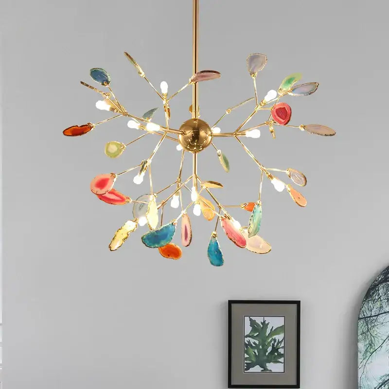 Decorbites agate branch chandelier with gold metal frame and colorful agate slices for dining room lighting