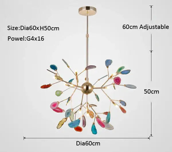 Decorbites agate branch chandelier gold glass dining room light with multicolored leaf-shaped translucent pieces and brass sphere