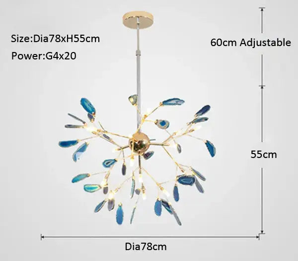Modern decorbites agate branch chandelier with gold-toned hub and blue glass leaf shades for dining room lighting
