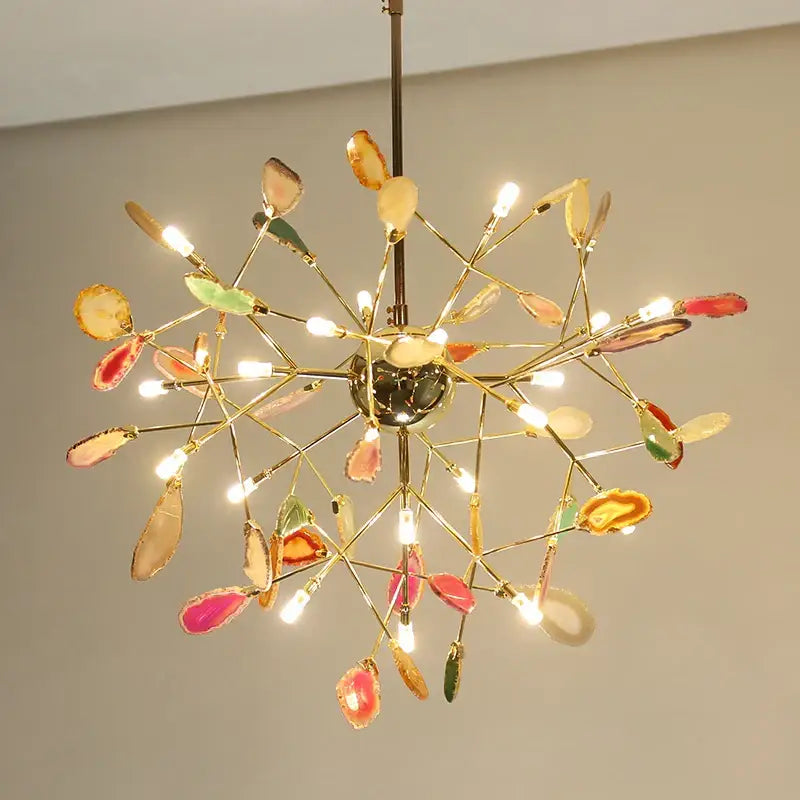 Decorbites agate branch chandelier featuring vibrant multi-colored agate slices and gold-toned frame for dining room lighting