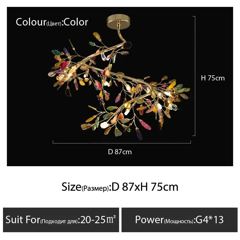 Decorbites agate branch chandelier gold glass dining room light with colorful translucent leaf-like glass pieces