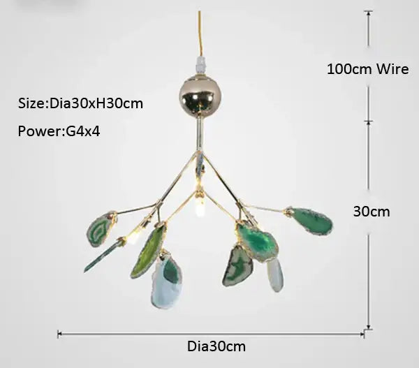 A decorbites agate branch chandelier with metallic spherical top and blue green agate slices for dining room lighting