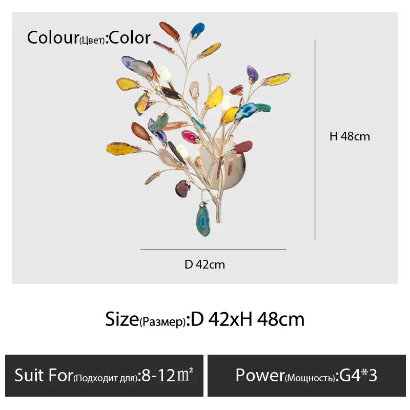 Colorful decorbites agate branch chandelier with translucent yellow blue purple green gemstone leaves on gold frame