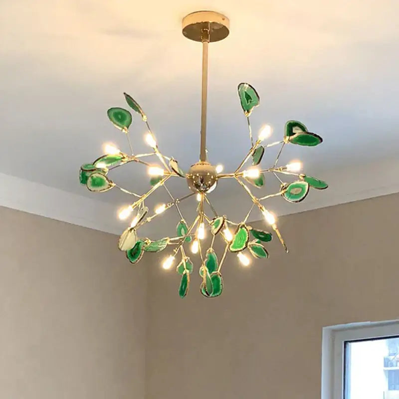 Decorbites agate branch chandelier with gold-toned metal frame and green agate slices for dining room lighting