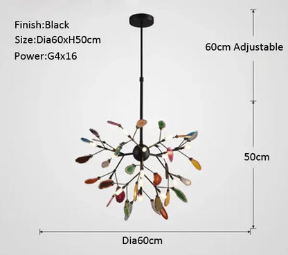 Black metal decorbites agate branch chandelier with colorful leaf-shaped glass shades for dining room lighting