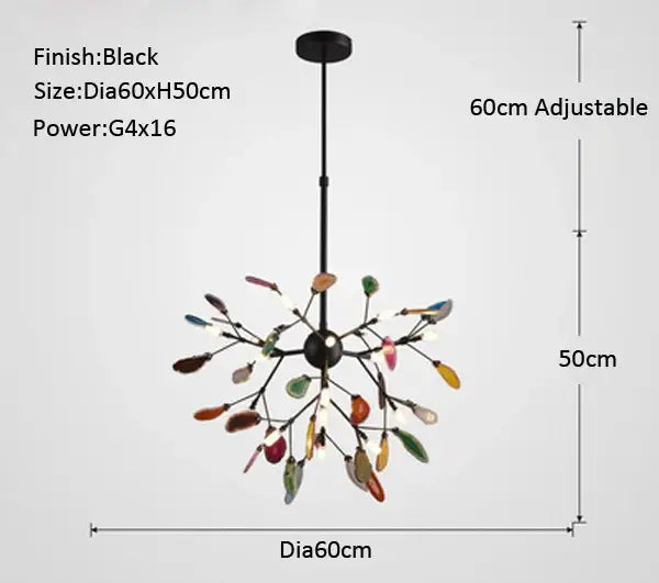 Black metal decorbites agate branch chandelier with colorful leaf-shaped glass shades for dining room lighting