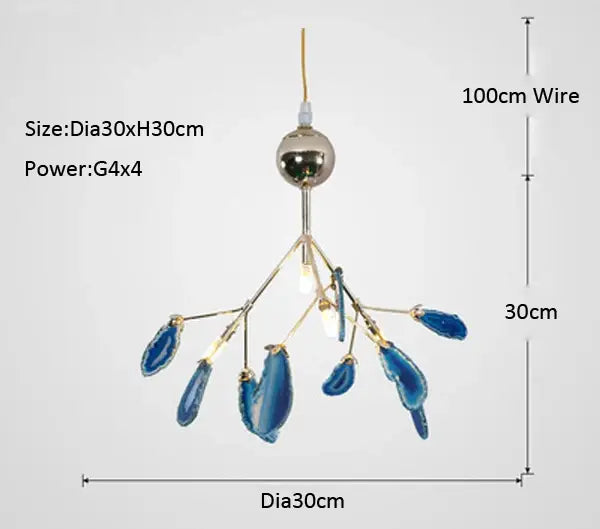 Blue agate pendant chandelier with polished brass spherical top and slender metal arms in decorbites agate branch design