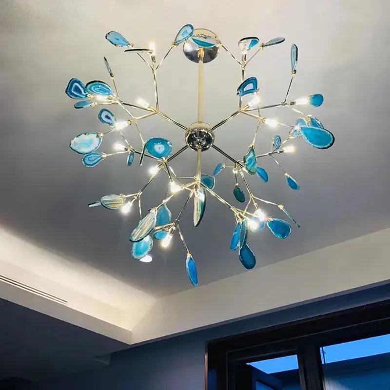 Decorbites agate branch chandelier with blue agate slices and gold-toned metal branches for dining room lighting