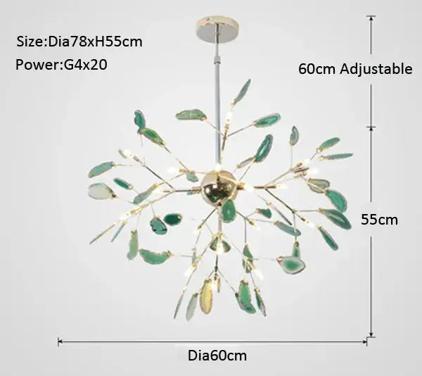 Green leaf-shaped glass pendant chandelier with brass fixture and adjustable height in decorbites agate branch chandelier design