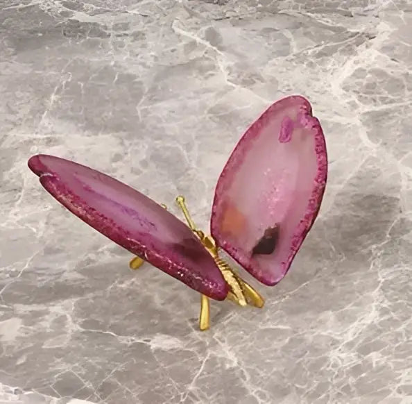 Delicate pink decorbites agate butterfly ornament with gold-toned metallic wings for living room brass decor
