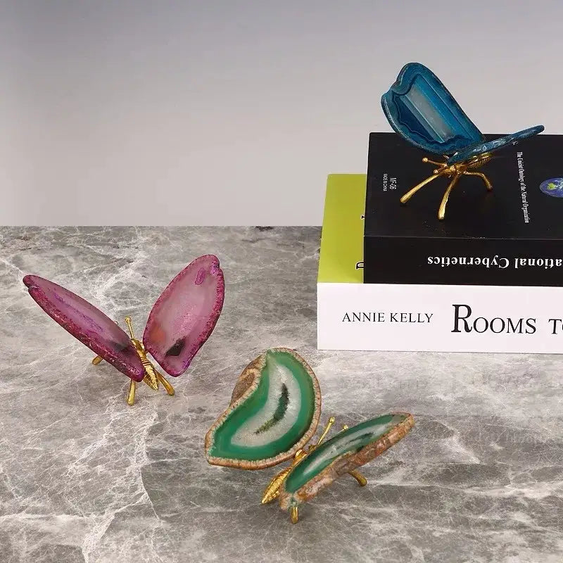 Decorbites agate butterfly ornament set with purple green and blue layered agate wings on brass legs for living room decor