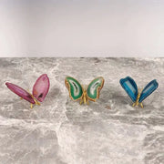 Three colorful decorbites agate butterfly ornaments with gold-tone metal bases for living room brass decor