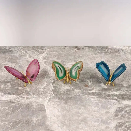 Three colorful decorbites agate butterfly ornaments with gold-tone metal bases for living room brass decor
