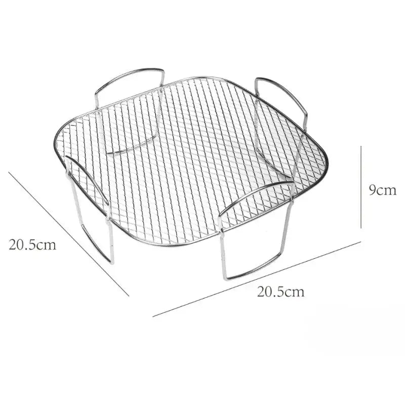 Silver stainless steel dehydrator rack with two handles and square grid for decorbites air fryer cooking baking