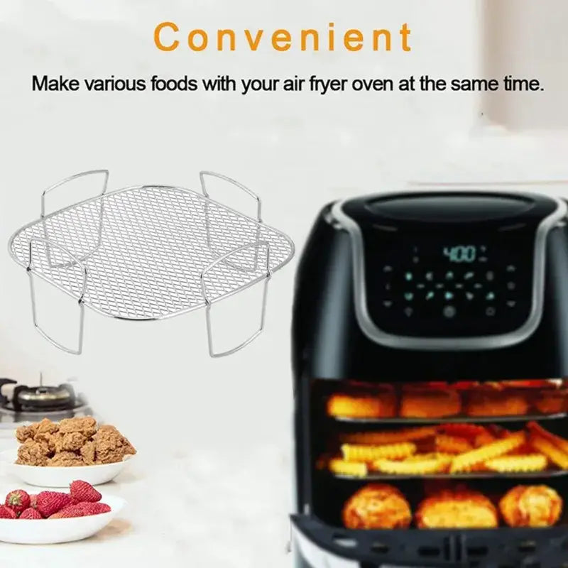 DecorBites™ stainless steel dehydrator rack with four side handles for air fryer cooking and baking use