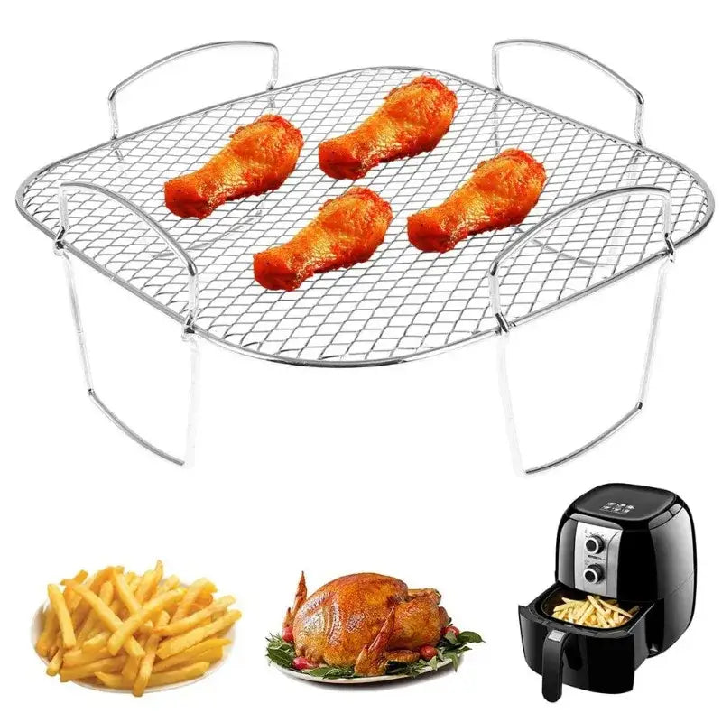 Silver stainless steel dehydrator rack with curved handles and four legs for decorbites air fryer cooking layer