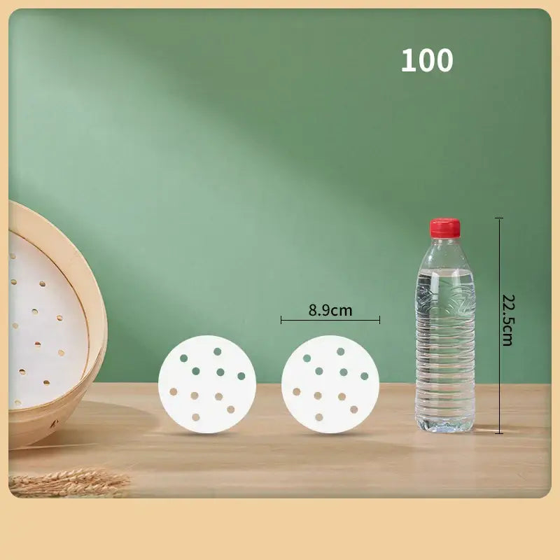 White circular silicone air fryer steamer papers with evenly spaced perforations for non-stick frying use