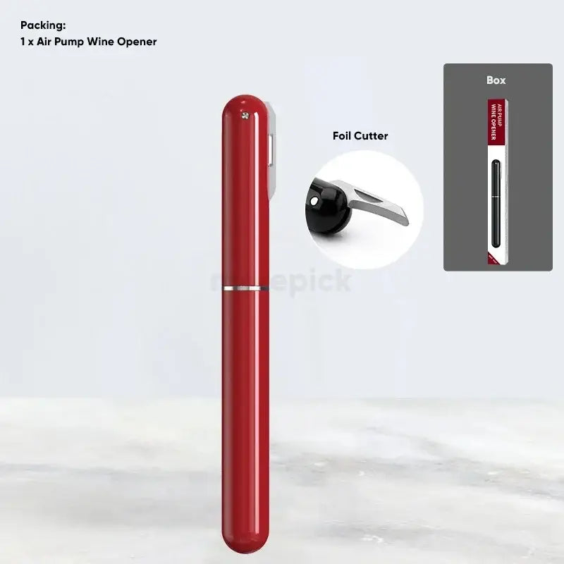 Red air pump wine opener with sleek cylindrical design and metallic accent band in DecorBites air pump corkscrew kit