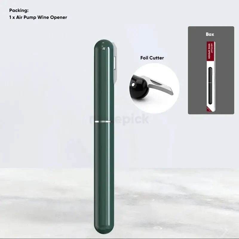 Decorbites™ dark green air pump corkscrew wine opener with sleek cylindrical body and silver accent band