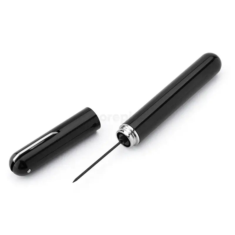 Black cylindrical eyeliner pencil with glossy finish and silver accents shown with DecorBites™ air pump corkscrew wine opener kit