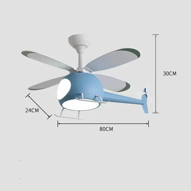 DecorBites™ blue aircraft ceiling fan chandelier with white blades and LED light remote dimming fixture