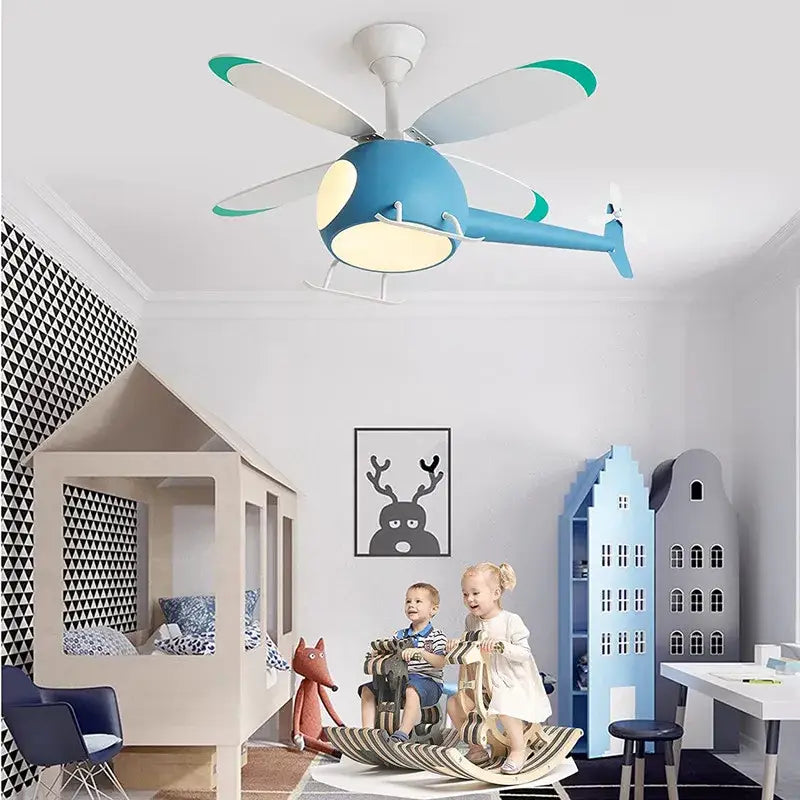 Blue helicopter-shaped decorbites™ aircraft ceiling fan chandelier with led light and remote dimming fixture