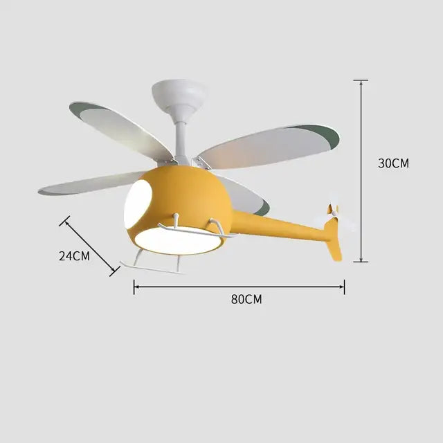 Yellow helicopter-shaped aircraft ceiling fan chandelier with white blades and led light remote dimming fixture