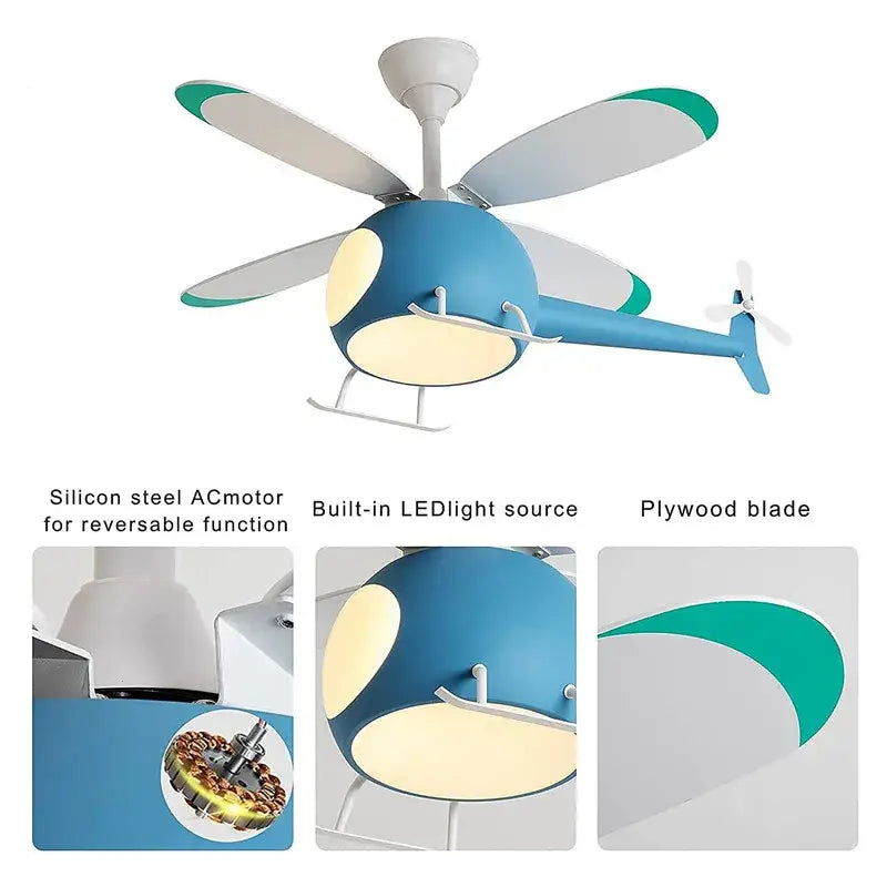 Decorbites™ aircraft ceiling fan chandelier in blue and white with green accents features led light and remote dimming