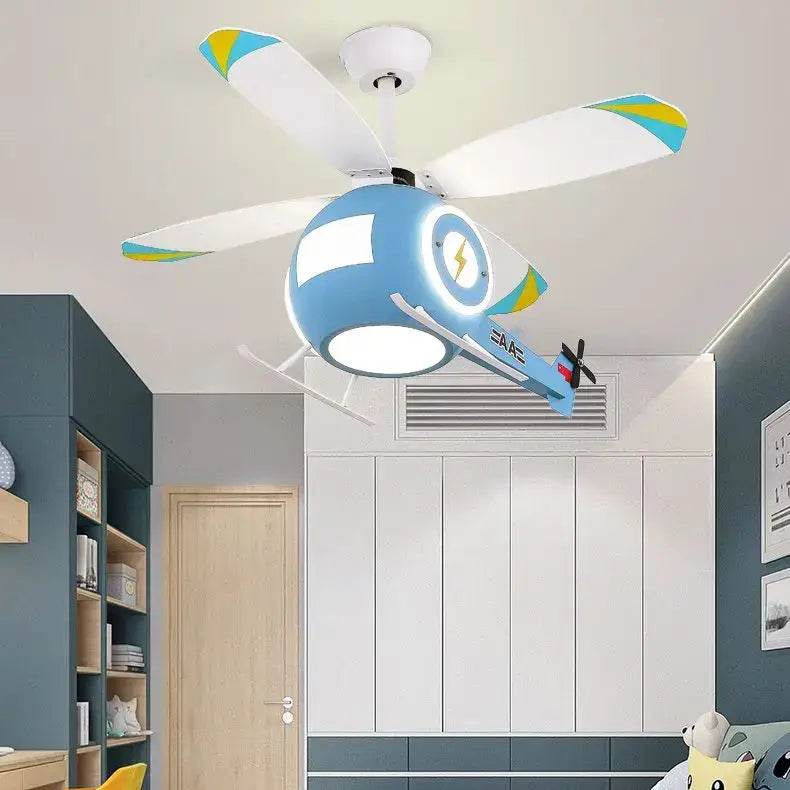 DecorBites™ blue aircraft ceiling fan light with white blades, yellow and blue stripes, LED chandelier for kids bedroom