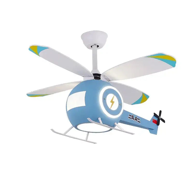 DecorBites™ aircraft LED ceiling fan light in blue with white and yellow accents for kids bedroom fan light