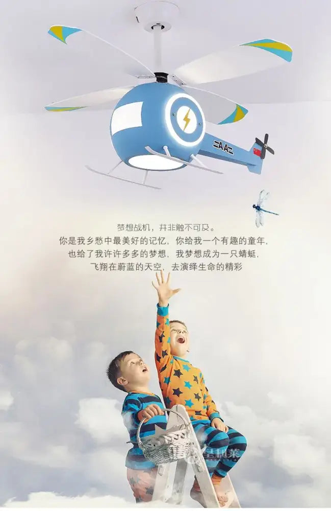 Blue aircraft-shaped ceiling fan light with white and yellow accents and central LED light for kids bedroom by decorbites