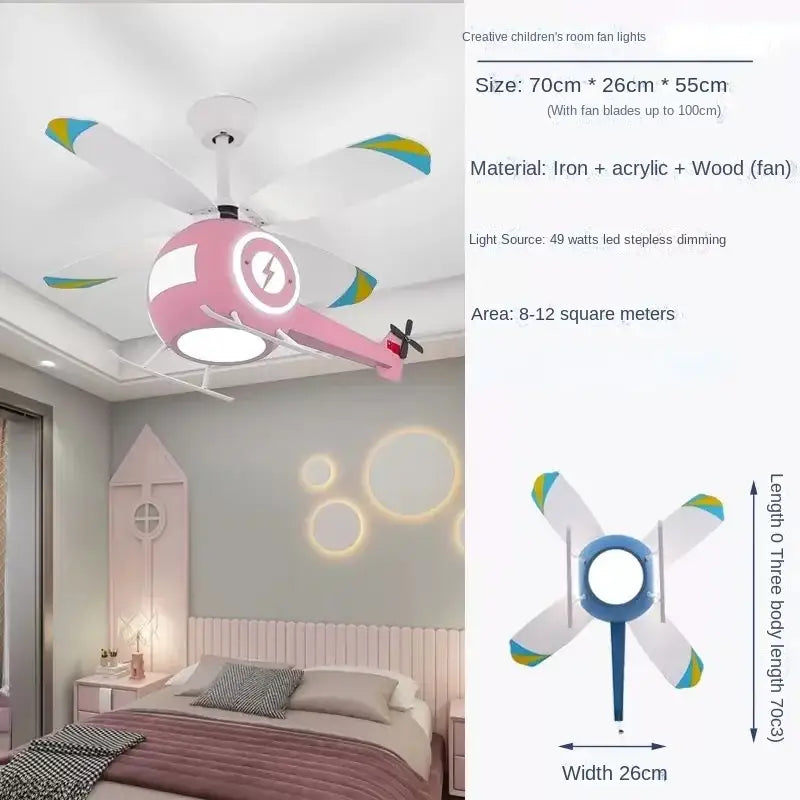 DecorBites™ pink aircraft ceiling fan light with white and blue acrylic blades for kids bedroom chandelier