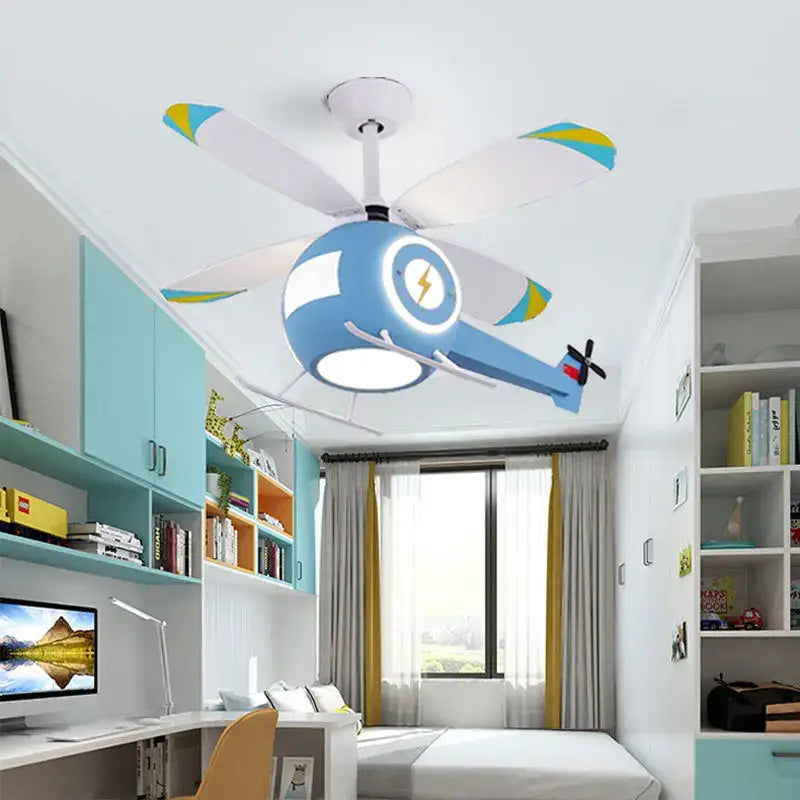 Blue helicopter-shaped DecorBites™ ceiling fan light with white and yellow accents for kids bedroom chandelier