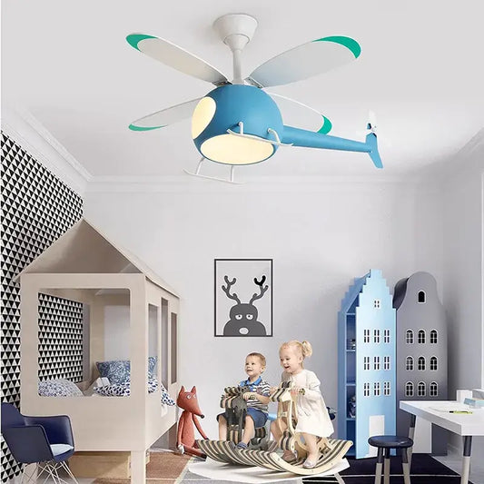 Blue helicopter-shaped ceiling fan with white and teal accents aircraft led chandelier ceiling light for kids room decor