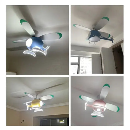 Decorbites™ aircraft led chandelier ceiling fan with white and green blades and soft glowing central light fixture for kids room