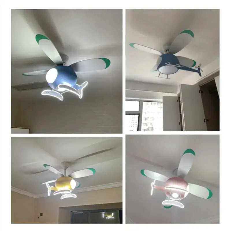 Decorbites™ aircraft led chandelier ceiling fan with white and green blades and soft glowing central light fixture for kids room