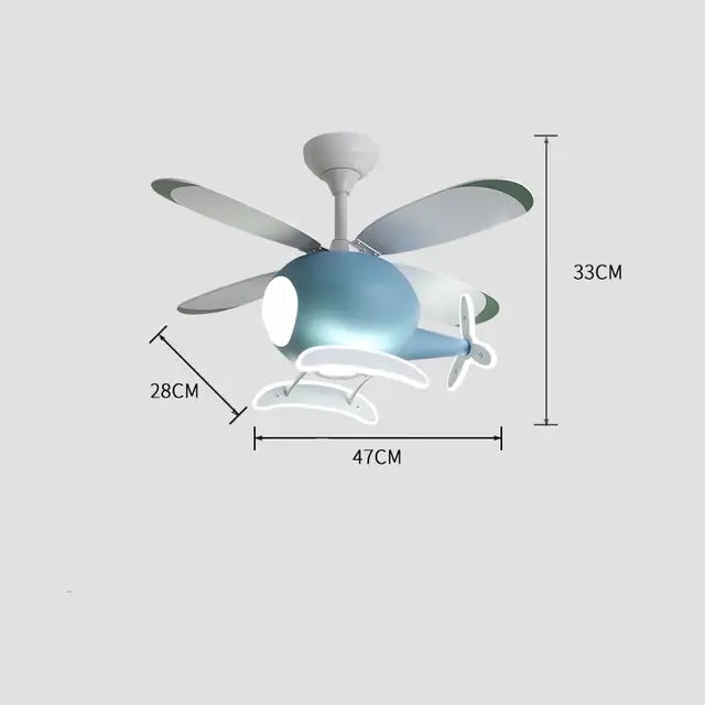 Decorbites™ aircraft led chandelier ceiling fan light in blue with white propellers and glowing led chandelier ceiling light