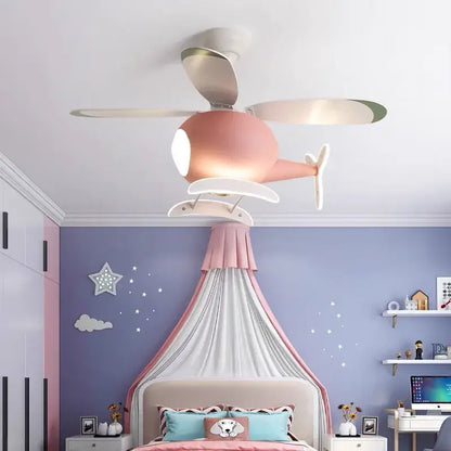 Pastel pink DecorBites™ aircraft led chandelier ceiling fan with white propellers and glowing light fixture for kids room