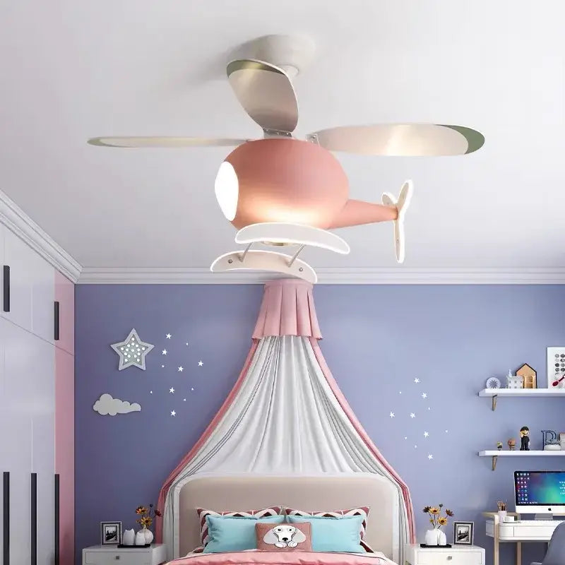 Pastel pink DecorBites™ aircraft led chandelier ceiling fan with white propellers and glowing light fixture for kids room