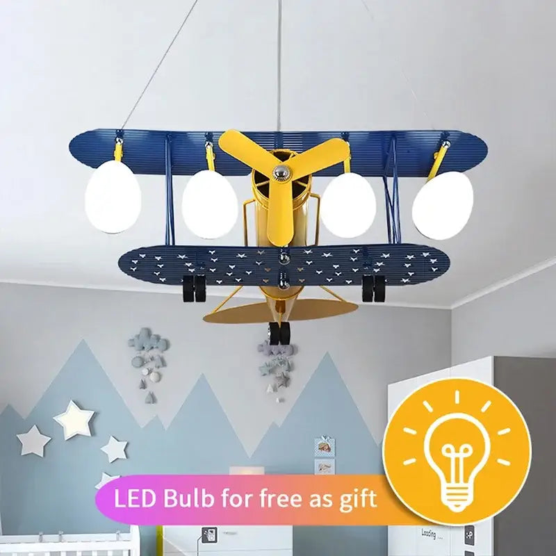 Blue and yellow biplane chandelier kids led ceiling light fixture with four white led bulbs for boys bedroom decor