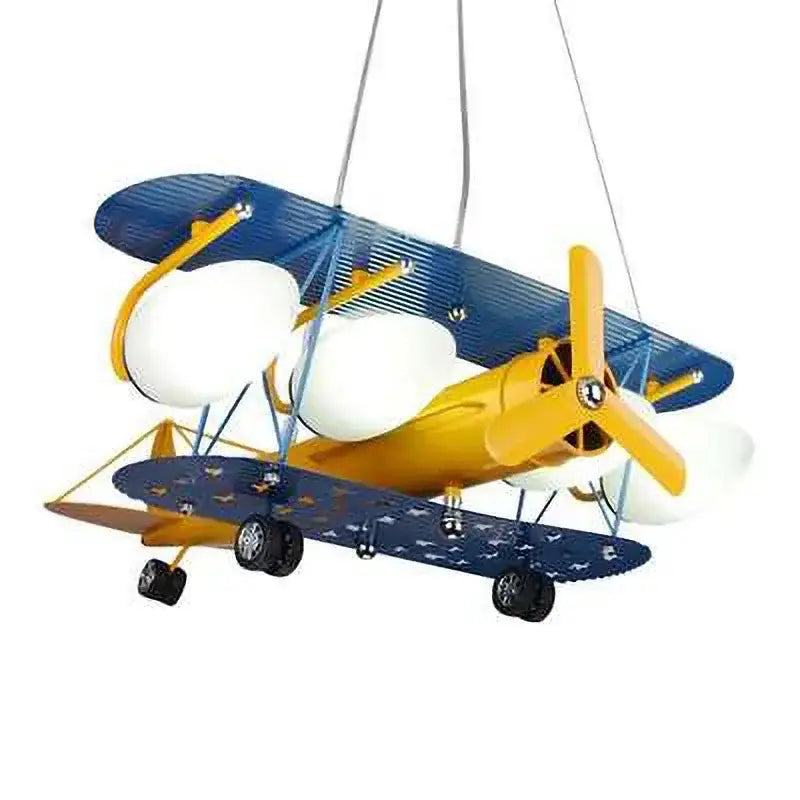 Blue and yellow biplane-shaped airplane chandelier kids led with white globe bulbs for boys bedroom decor