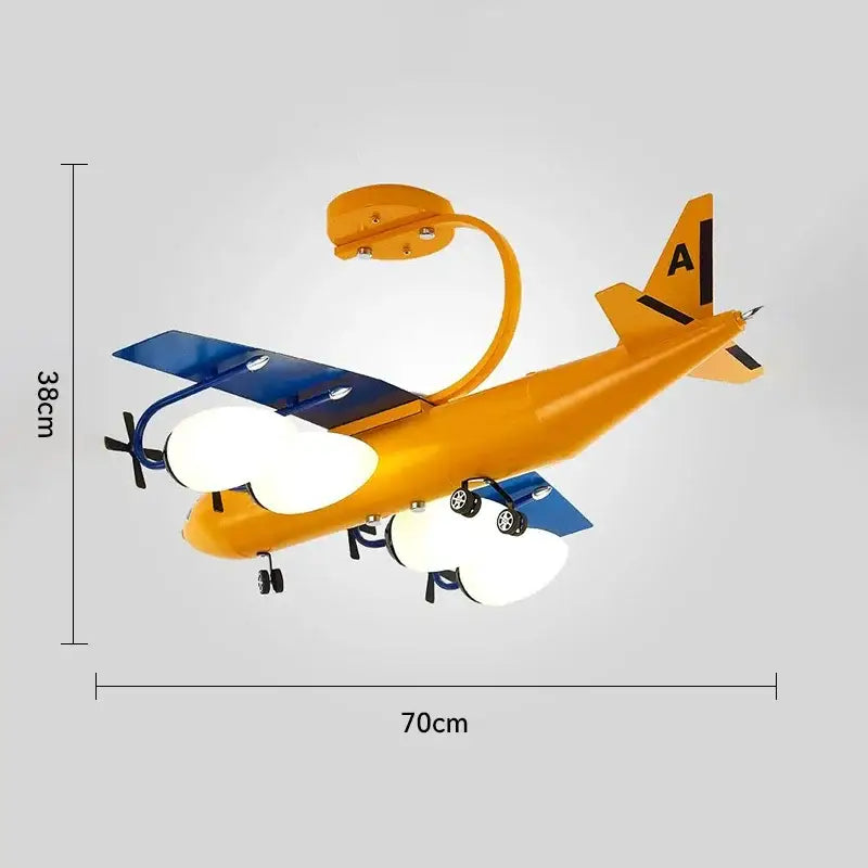 Decorbites™ airplane chandelier kids led light fixture in vibrant yellow and blue with white cloud bulbs for boys bedroom