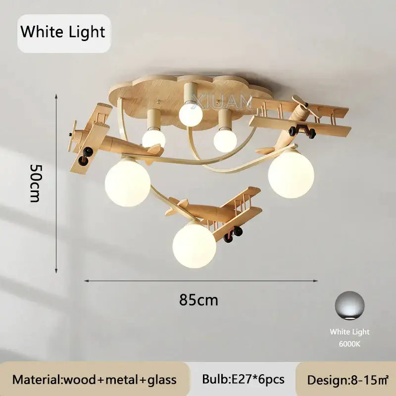 DecorBites™ airplane chandelier light with three wooden biplanes holding white glass bulbs for nursery room ceiling
