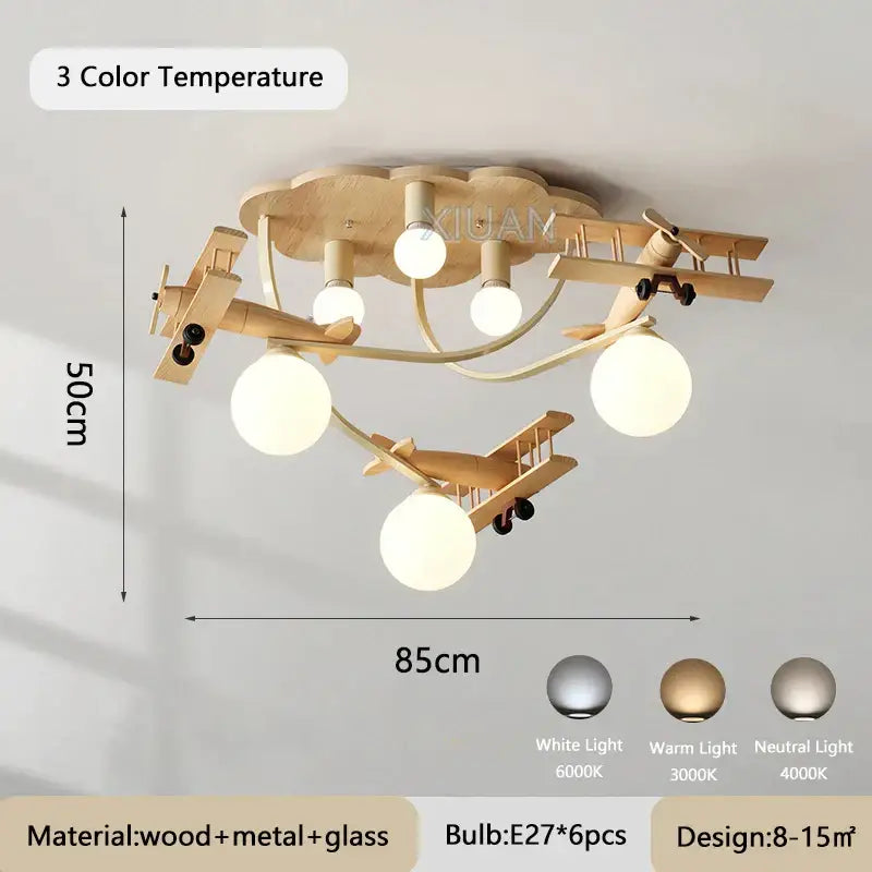 Decorbites™ wooden airplane chandelier light with natural finish and three biplanes for nursery room ceiling lighting